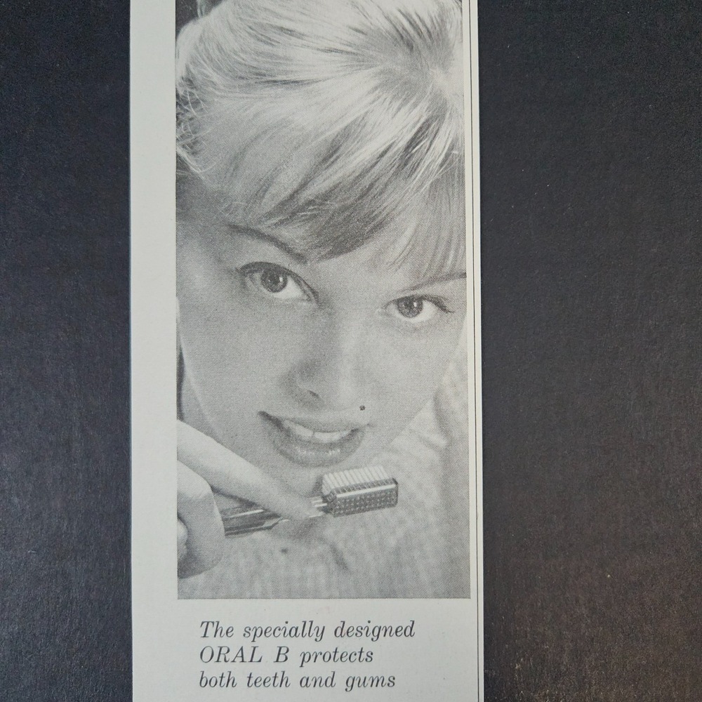 1958 Oral B Toothbrush Vintage Print Ad San Jose CA Tooth Brushing Blonde Beauty